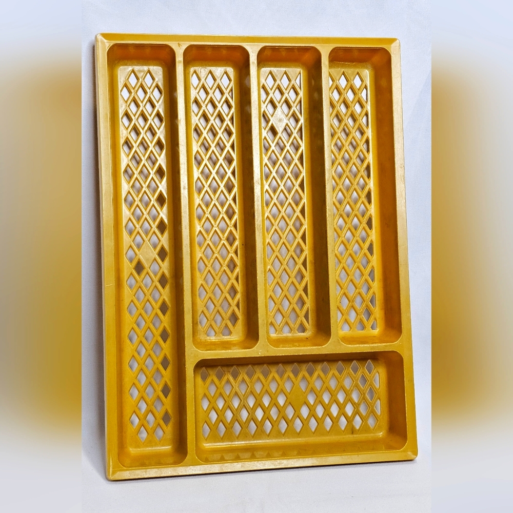 Vintage Mustard Yellow Plastic Celluloid Weave Silverware Drawer Organizer